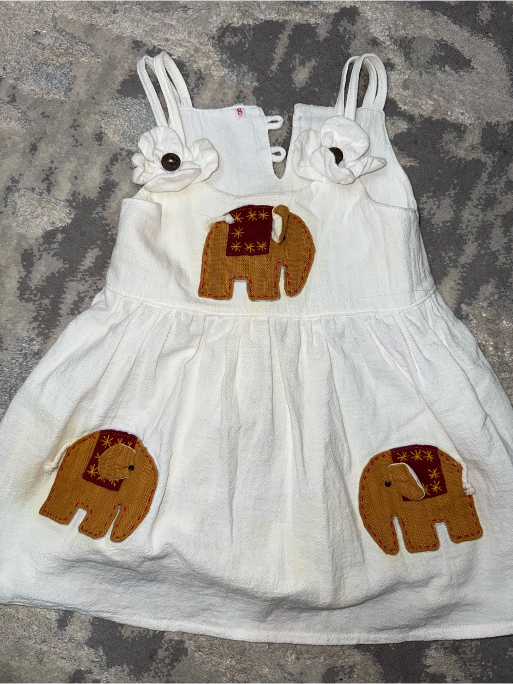 White Baby Dress with Mustard Elephant Appliqués
